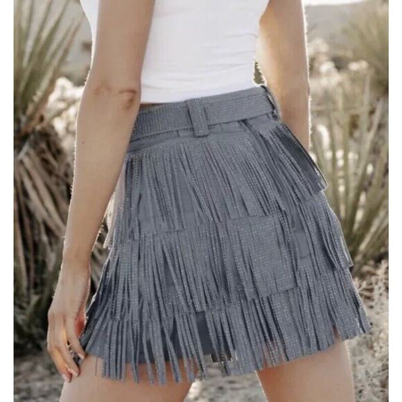 Nylon Apparel Rhinestone Fringe Mini Skort Skirt Gray Blue 1XL Taylor Festival - Picture 3 of 9
